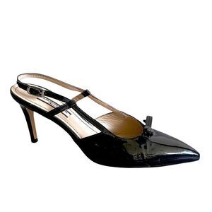 GUGLIELMO ROTTA Black Patent Leather Pointy Toe Sling Back Heels Bow Italy 40.5